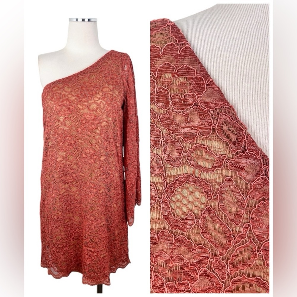 Lovely Day Elegant One-Shoulder Coral Lace Dress Sz L